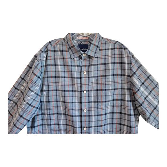 TOMMY BAHAMA Men's M Shirt Plaid Blue Orange Long Sleeve 100% Cotton Chest 46" - Picture 2 of 7
